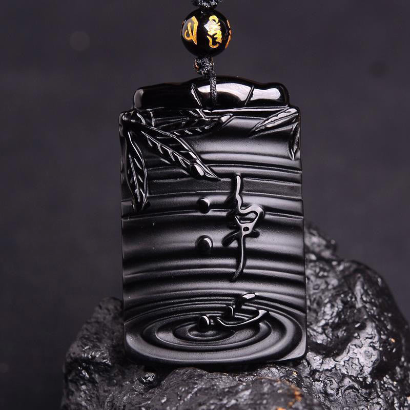Buddha Stones Halskettenanhänger aus natürlichem schwarzem Obsidian und Bambus