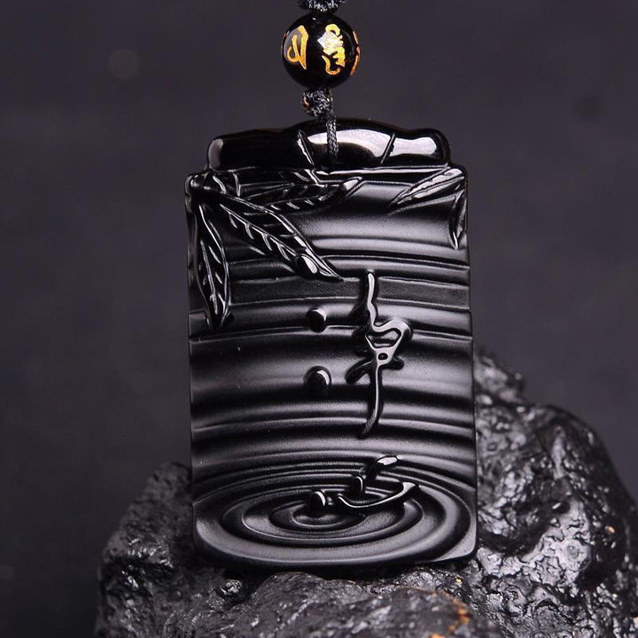 Buddha Stones Halskettenanhänger aus natürlichem schwarzem Obsidian und Bambus