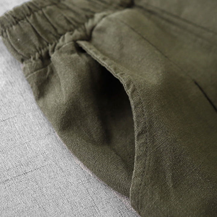 Buddha Stones Lässige, einfarbige Haremshose aus Baumwollleinen für Damen in Länge 7–8 mit Taschen