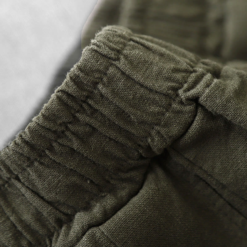 Buddha Stones Lässige, einfarbige Haremshose aus Baumwollleinen für Damen in Länge 7–8 mit Taschen