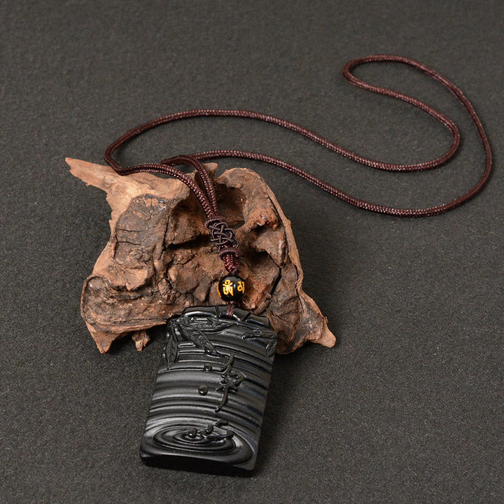 Buddha Stones Halskettenanhänger aus natürlichem schwarzem Obsidian und Bambus