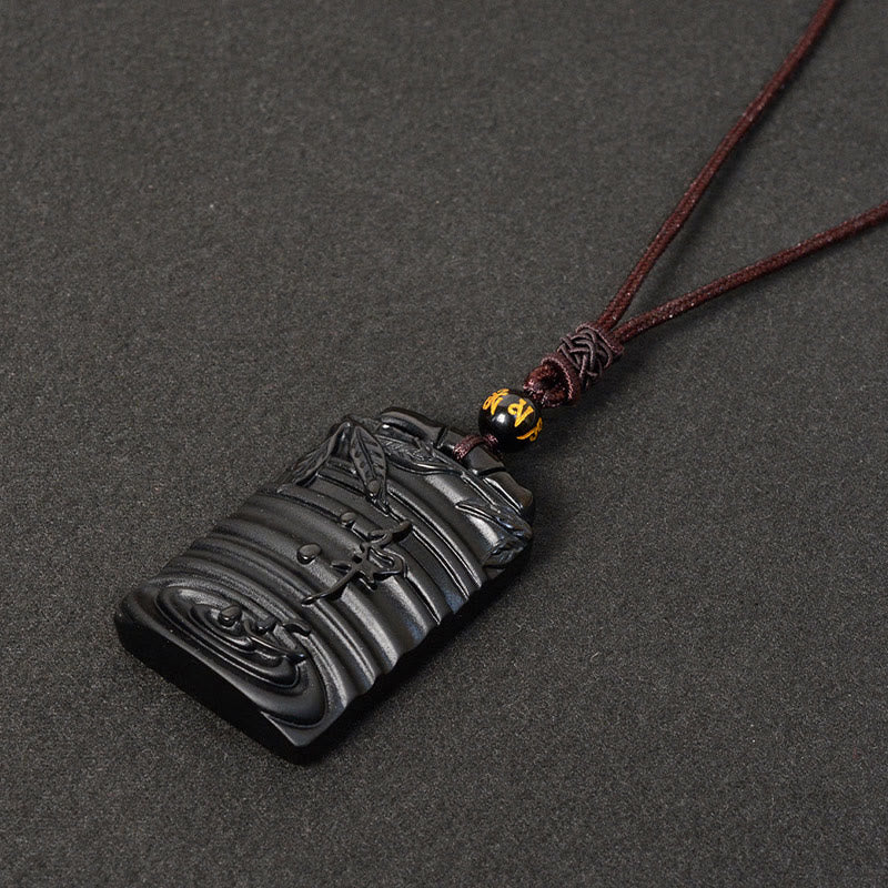 Buddha Stones Halskettenanhänger aus natürlichem schwarzem Obsidian und Bambus