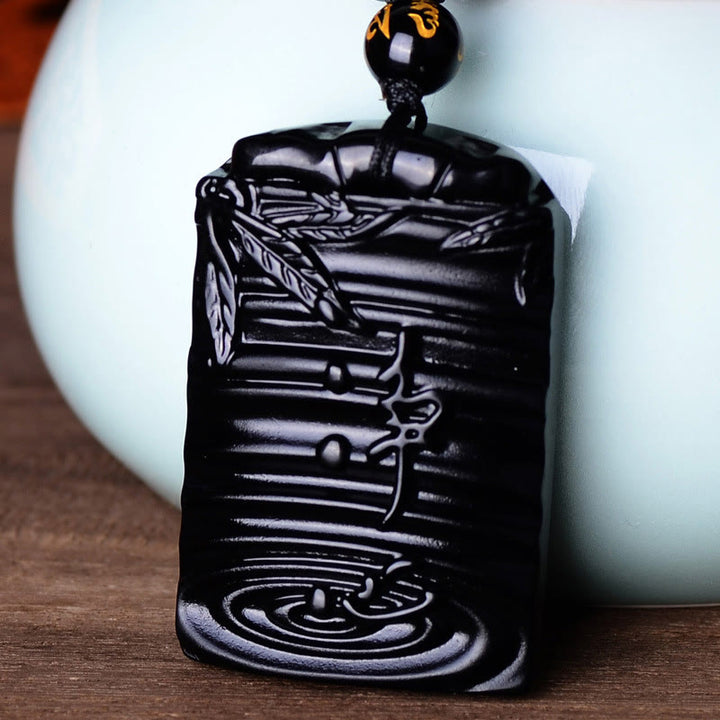 Buddha Stones Halskettenanhänger aus natürlichem schwarzem Obsidian und Bambus