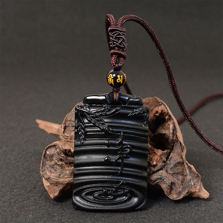 Buddha Stones Halskettenanhänger aus natürlichem schwarzem Obsidian und Bambus