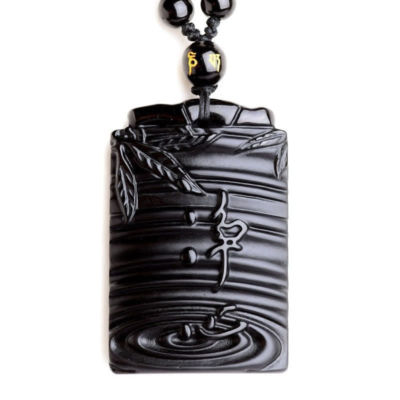 Buddha Stones Halskettenanhänger aus natürlichem schwarzem Obsidian und Bambus