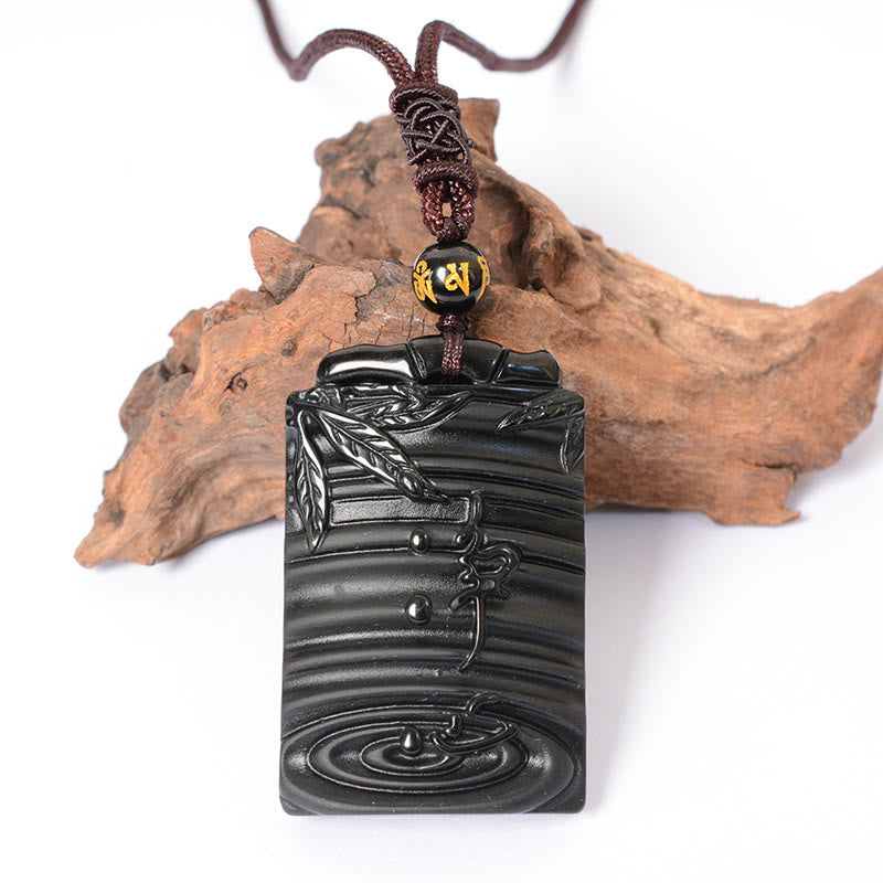 Buddha Stones Halskettenanhänger aus natürlichem schwarzem Obsidian und Bambus