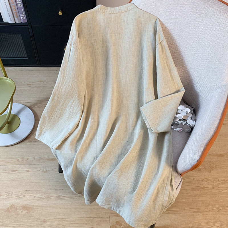 Buddha Stones Lässiges Damen-Hemd aus Baumwolle und Leinen mit einfarbigem Froschknopf und Stehkragen - image 12