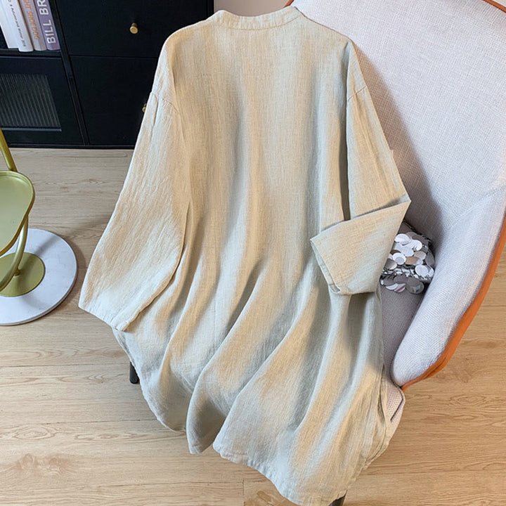 Buddha Stones Lässiges Damen-Hemd aus Baumwolle und Leinen mit einfarbigem Froschknopf und Stehkragen - image 12