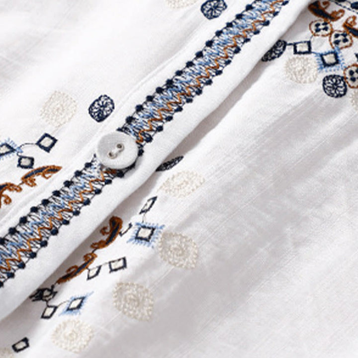 Buddha Stones Lässiges Damen-Blumen-Stickerei-V-Ausschnitt-Design mit halblangen Ärmeln aus Baumwolle und Leinen - image 3