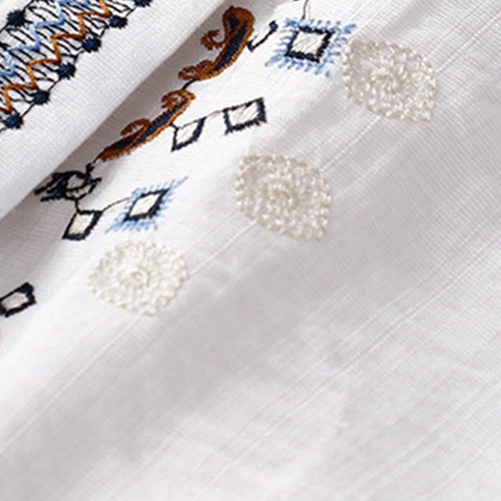 Buddha Stones Lässiges Damen-Blumen-Stickerei-V-Ausschnitt-Design mit halblangen Ärmeln aus Baumwolle und Leinen - image 4