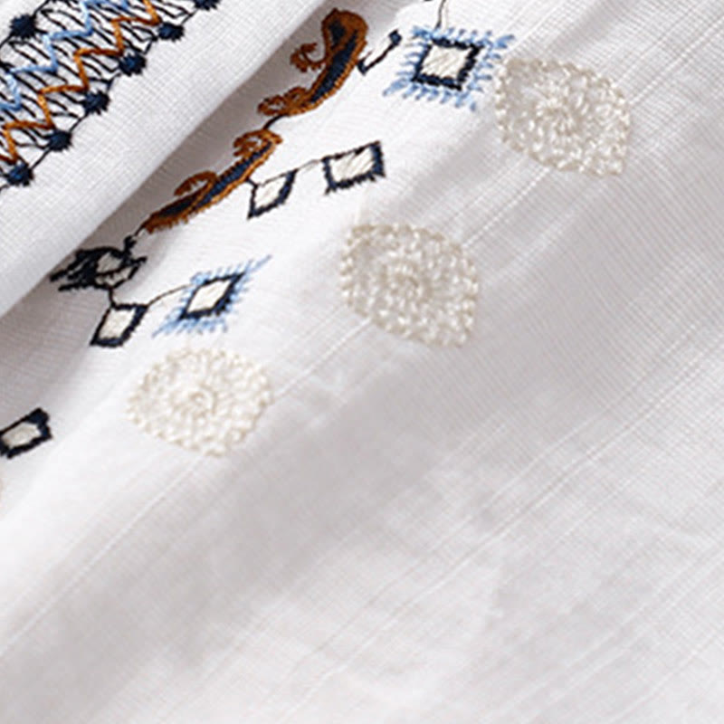 Buddha Stones Lässiges Damen-Blumen-Stickerei-V-Ausschnitt-Design mit halblangen Ärmeln aus Baumwolle und Leinen - image 4