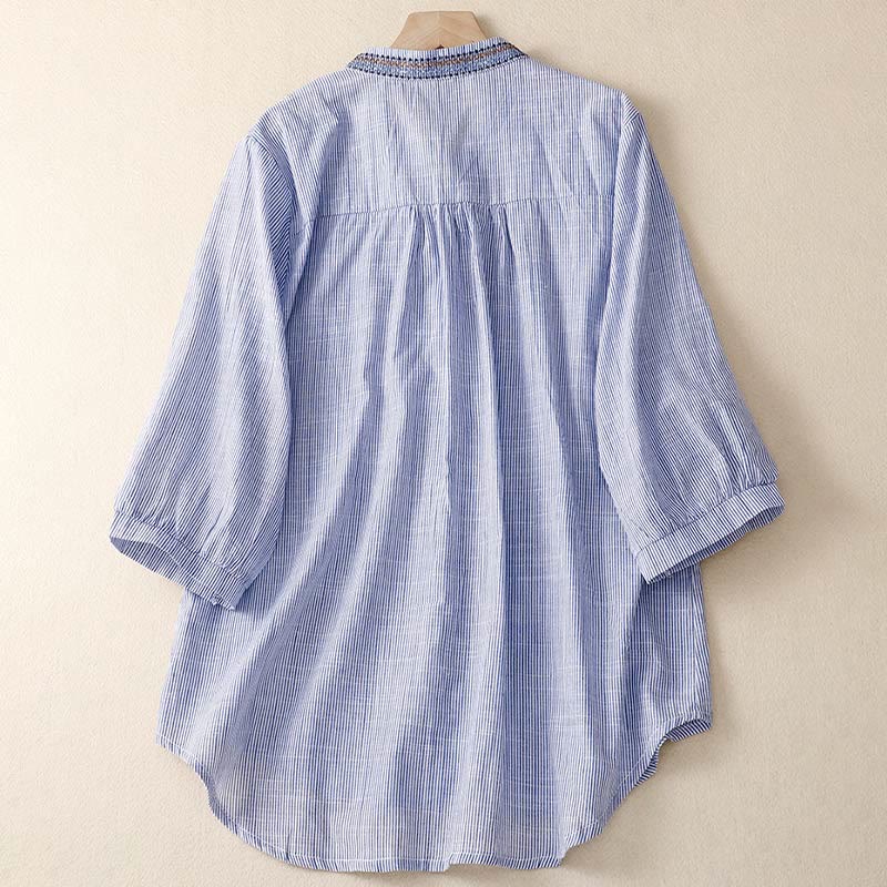 Buddha Stones Lässiges Damen-Blumen-Stickerei-V-Ausschnitt-Design mit halblangen Ärmeln aus Baumwolle und Leinen - image 6