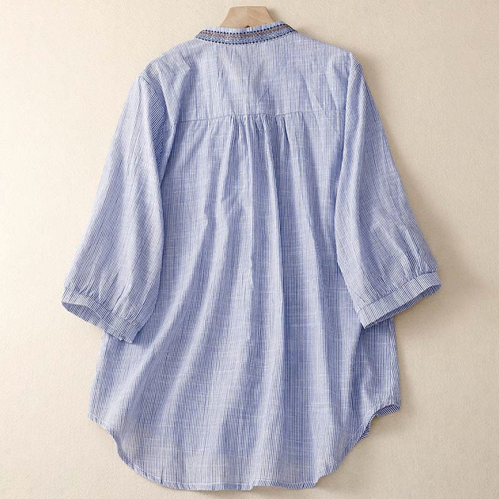 Buddha Stones Lässiges Damen-Blumen-Stickerei-V-Ausschnitt-Design mit halblangen Ärmeln aus Baumwolle und Leinen - image 6