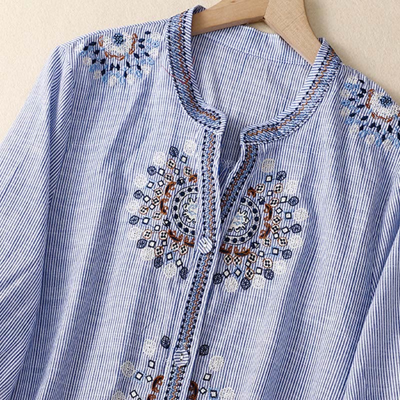 Buddha Stones Lässiges Damen-Blumen-Stickerei-V-Ausschnitt-Design mit halblangen Ärmeln aus Baumwolle und Leinen - image 7