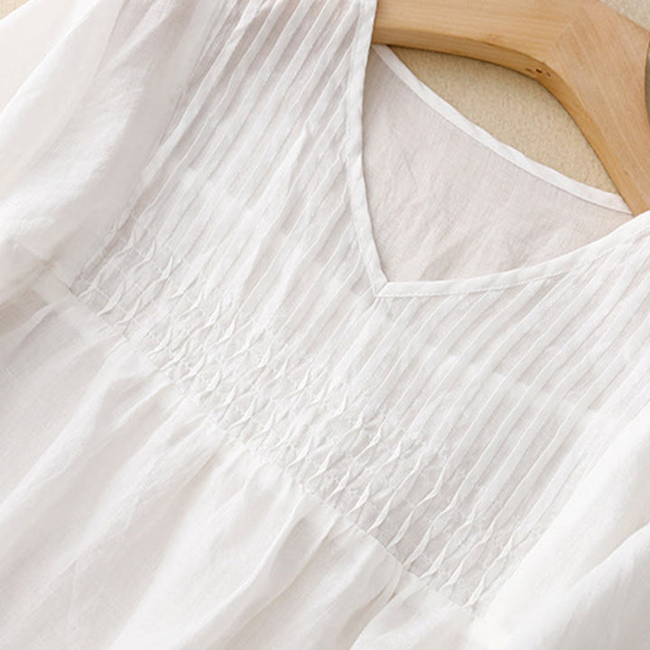 Buddha Stones Lässiges, einfarbiges, lockeres Damen-Baumwollhemd mit V-Ausschnitt und halblangen Ärmeln - image 13