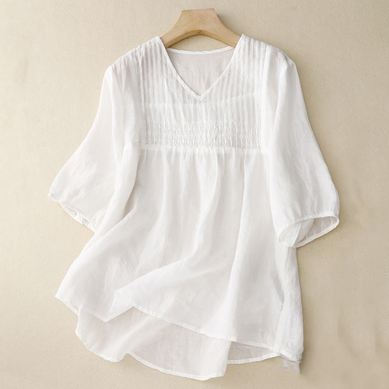 Buddha Stones Lässiges, einfarbiges, lockeres Damen-Baumwollhemd mit V-Ausschnitt und halblangen Ärmeln - Weiß - US12, UK/AU16,EU44 (2XL) - image 11