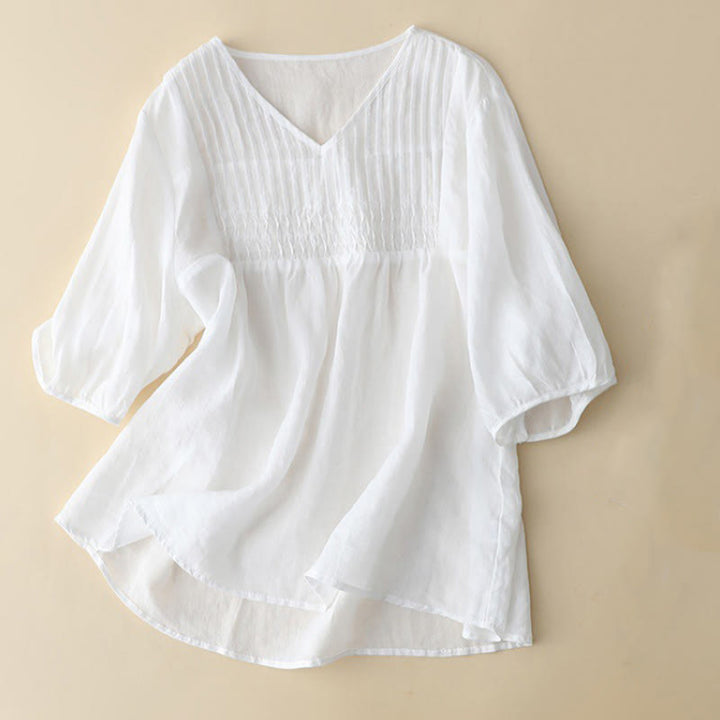 Buddha Stones Lässiges, einfarbiges, lockeres Damen-Baumwollhemd mit V-Ausschnitt und halblangen Ärmeln - image 12