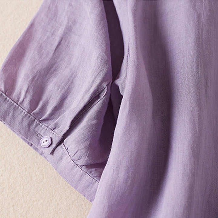 Buddha Stones Casual Stickerei Pflanzen Damen V-Ausschnitt Design Halbarm Baumwollmischhemd