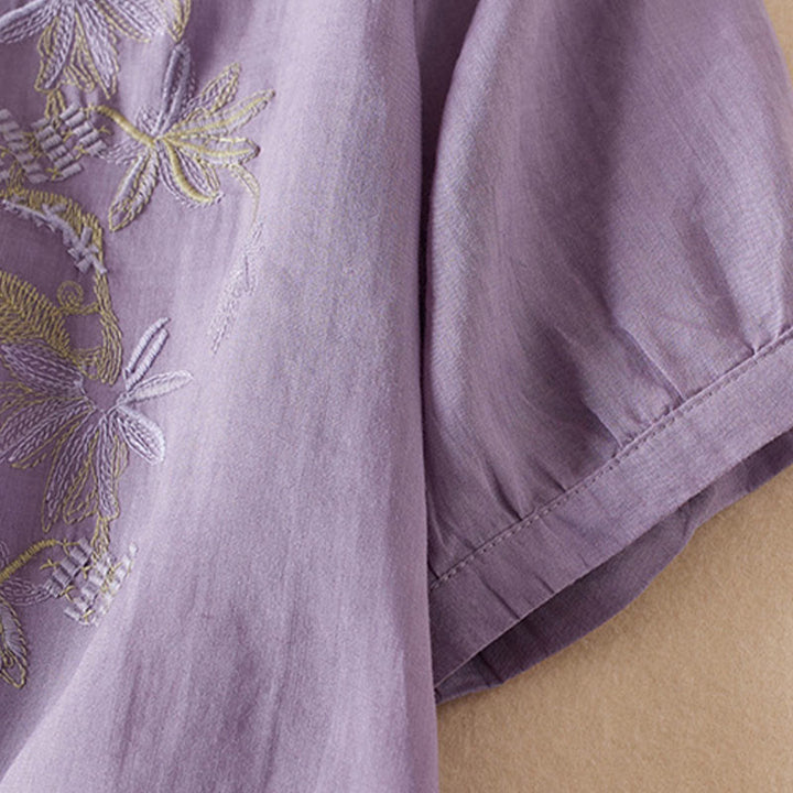 Buddha Stones Casual Stickerei Pflanzen Damen V-Ausschnitt Design Halbarm Baumwollmischhemd