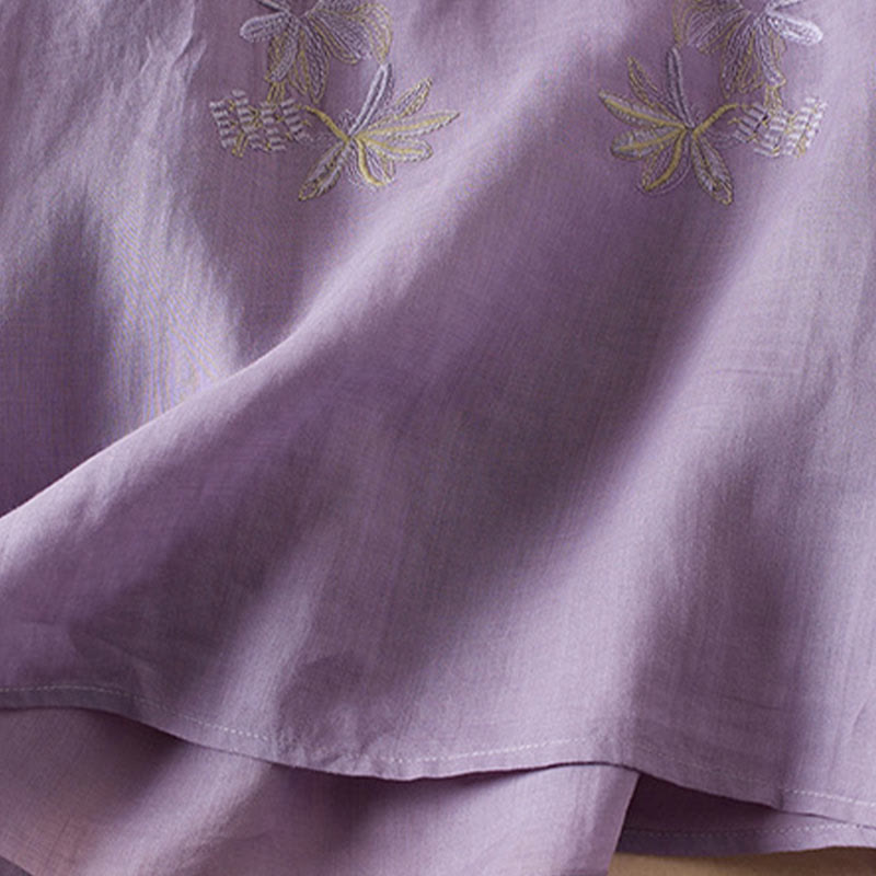 Buddha Stones Casual Stickerei Pflanzen Damen V-Ausschnitt Design Halbarm Baumwollmischhemd