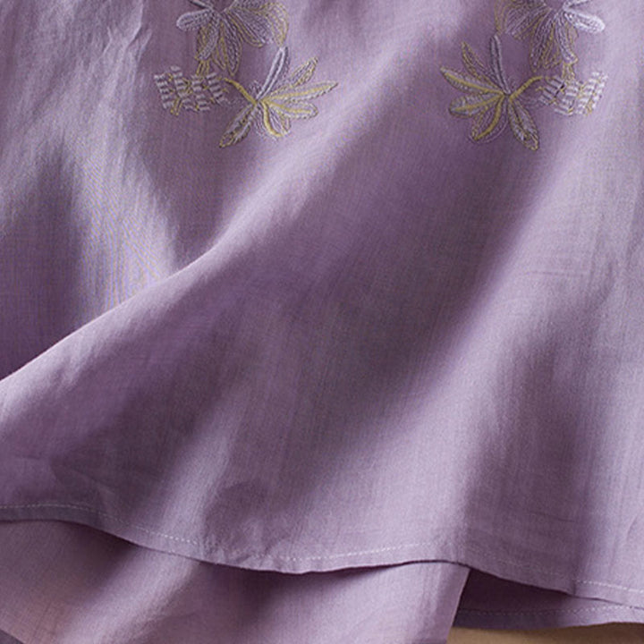 Buddha Stones Casual Stickerei Pflanzen Damen V-Ausschnitt Design Halbarm Baumwollmischhemd