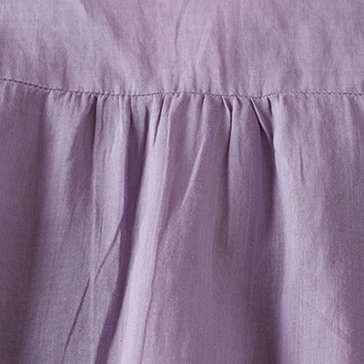 Buddha Stones Casual Stickerei Pflanzen Damen V-Ausschnitt Design Halbarm Baumwollmischhemd