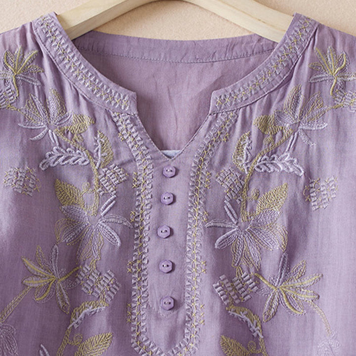 Buddha Stones Casual Stickerei Pflanzen Damen V-Ausschnitt Design Halbarm Baumwollmischhemd