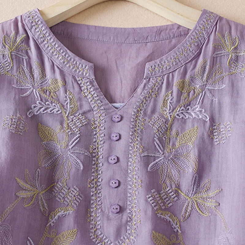 Buddha Stones Casual Stickerei Pflanzen Damen V-Ausschnitt Design Halbarm Baumwollmischhemd