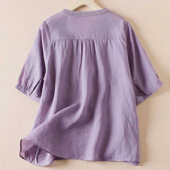 Buddha Stones Casual Stickerei Pflanzen Damen V-Ausschnitt Design Halbarm Baumwollmischhemd