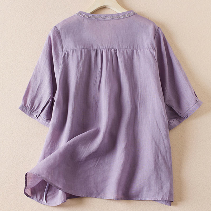 Buddha Stones Casual Stickerei Pflanzen Damen V-Ausschnitt Design Halbarm Baumwollmischhemd