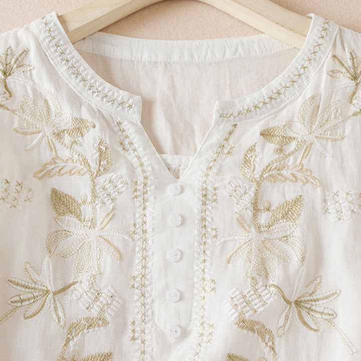 Buddha Stones Casual Stickerei Pflanzen Damen V-Ausschnitt Design Halbarm Baumwollmischhemd