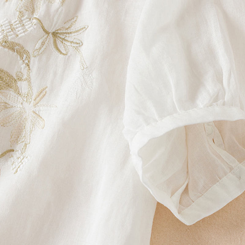 Buddha Stones Casual Stickerei Pflanzen Damen V-Ausschnitt Design Halbarm Baumwollmischhemd