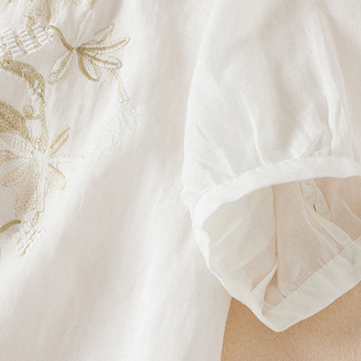 Buddha Stones Casual Stickerei Pflanzen Damen V-Ausschnitt Design Halbarm Baumwollmischhemd