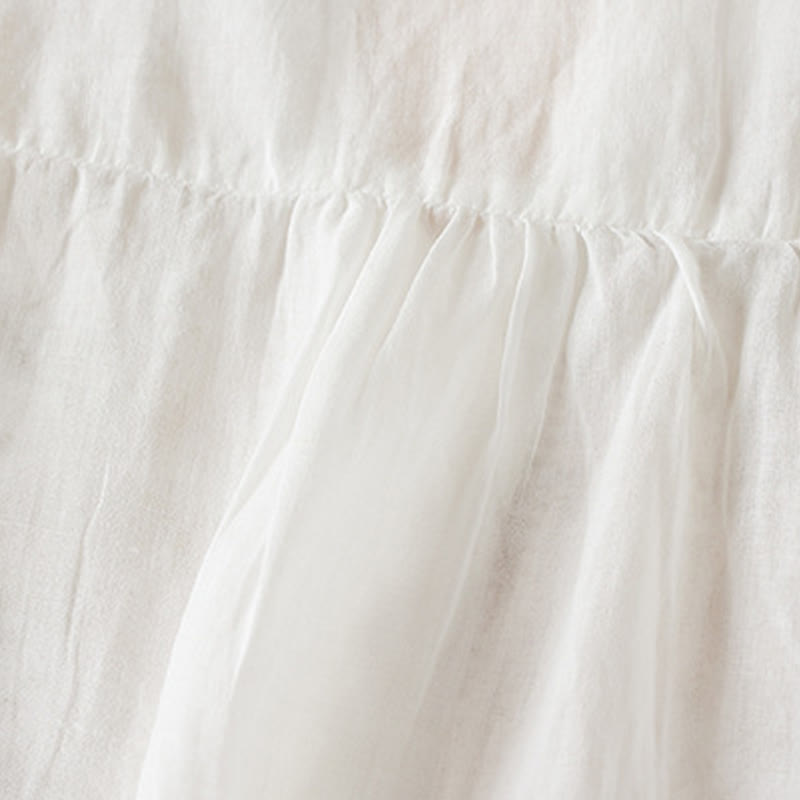 Buddha Stones Casual Stickerei Pflanzen Damen V-Ausschnitt Design Halbarm Baumwollmischhemd