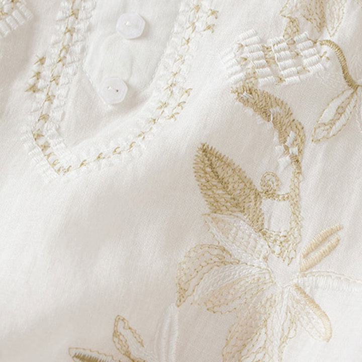 Buddha Stones Casual Stickerei Pflanzen Damen V-Ausschnitt Design Halbarm Baumwollmischhemd