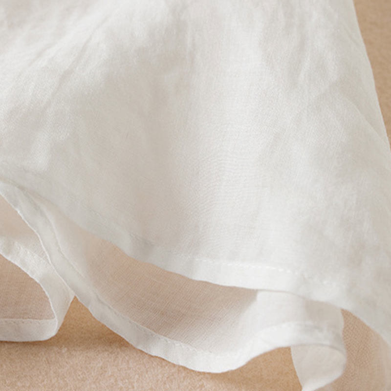 Buddha Stones Casual Stickerei Pflanzen Damen V-Ausschnitt Design Halbarm Baumwollmischhemd