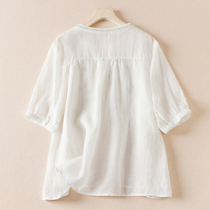 Buddha Stones Casual Stickerei Pflanzen Damen V-Ausschnitt Design Halbarm Baumwollmischhemd