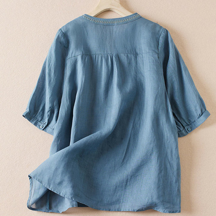 Buddha Stones Casual Stickerei Pflanzen Damen V-Ausschnitt Design Halbarm Baumwollmischhemd