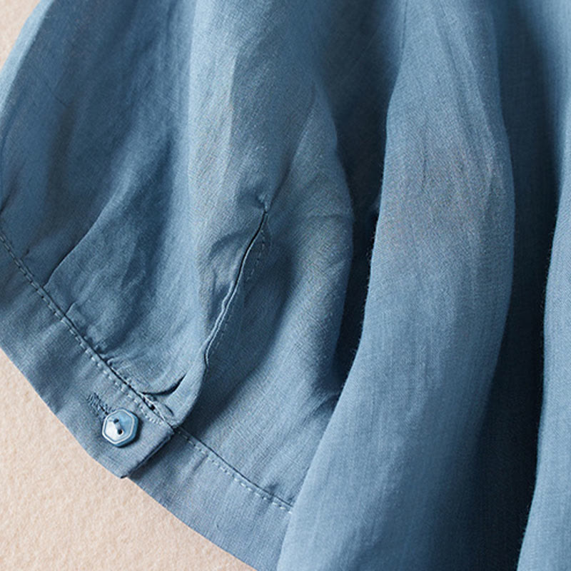 Buddha Stones Casual Stickerei Pflanzen Damen V-Ausschnitt Design Halbarm Baumwollmischhemd