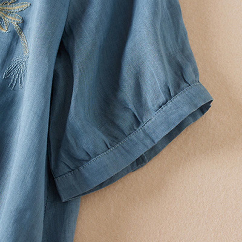 Buddha Stones Casual Stickerei Pflanzen Damen V-Ausschnitt Design Halbarm Baumwollmischhemd