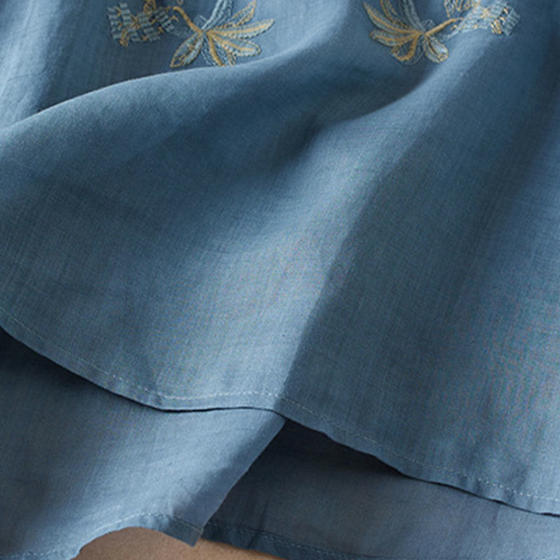 Buddha Stones Casual Stickerei Pflanzen Damen V-Ausschnitt Design Halbarm Baumwollmischhemd