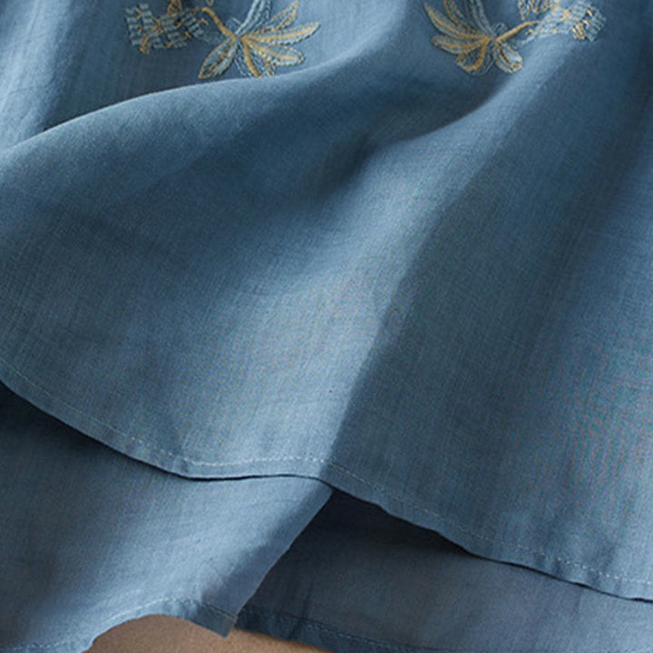 Buddha Stones Casual Stickerei Pflanzen Damen V-Ausschnitt Design Halbarm Baumwollmischhemd