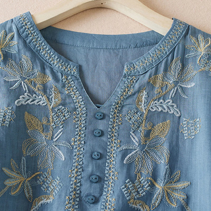 Buddha Stones Casual Stickerei Pflanzen Damen V-Ausschnitt Design Halbarm Baumwollmischhemd