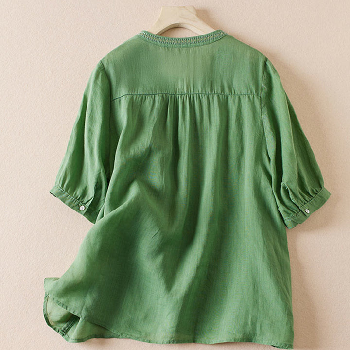 Buddha Stones Casual Stickerei Pflanzen Damen V-Ausschnitt Design Halbarm Baumwollmischhemd