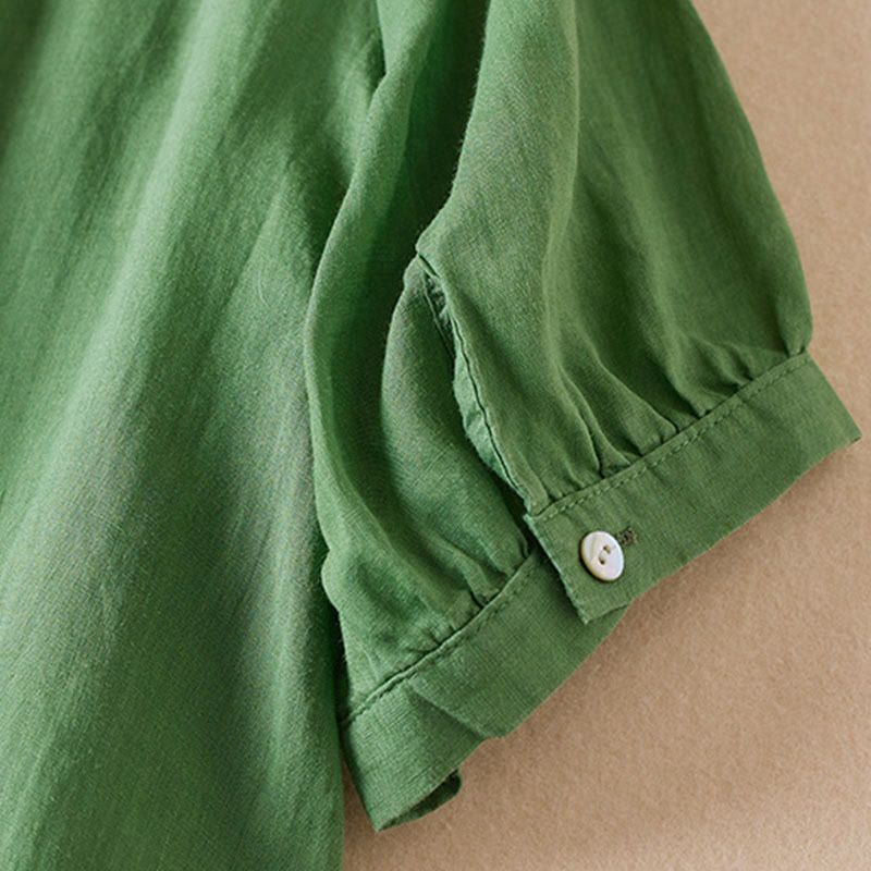 Buddha Stones Casual Stickerei Pflanzen Damen V-Ausschnitt Design Halbarm Baumwollmischhemd