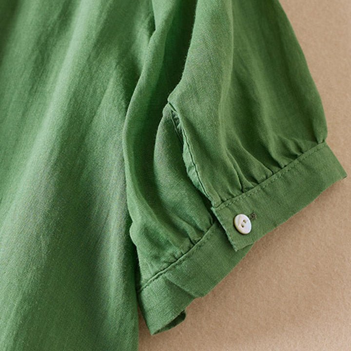 Buddha Stones Casual Stickerei Pflanzen Damen V-Ausschnitt Design Halbarm Baumwollmischhemd