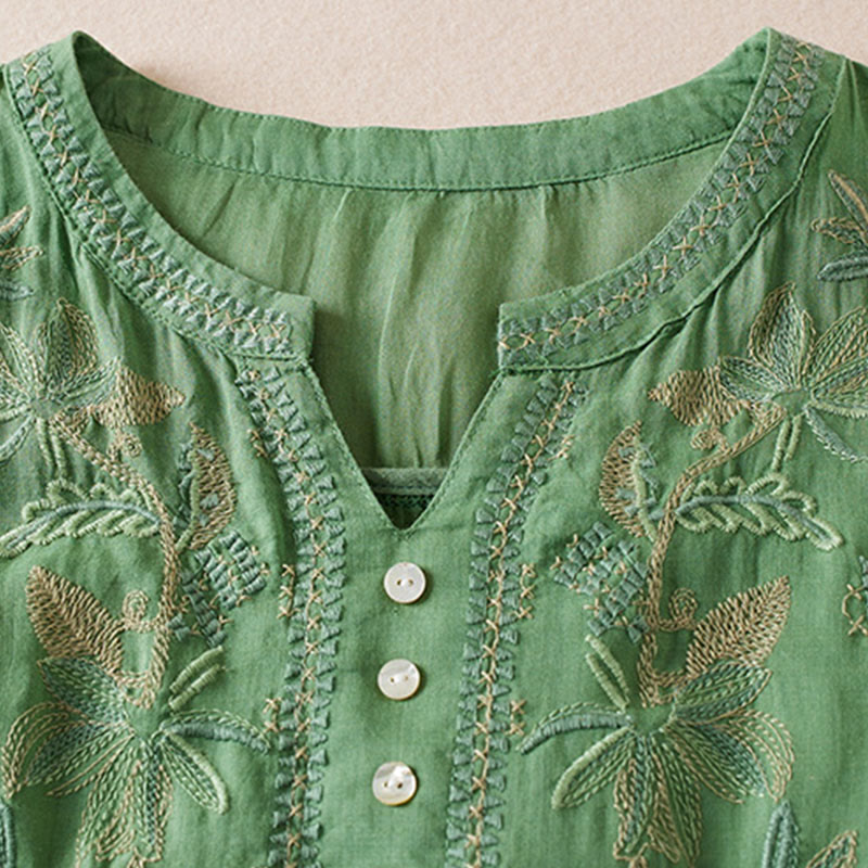 Buddha Stones Casual Stickerei Pflanzen Damen V-Ausschnitt Design Halbarm Baumwollmischhemd