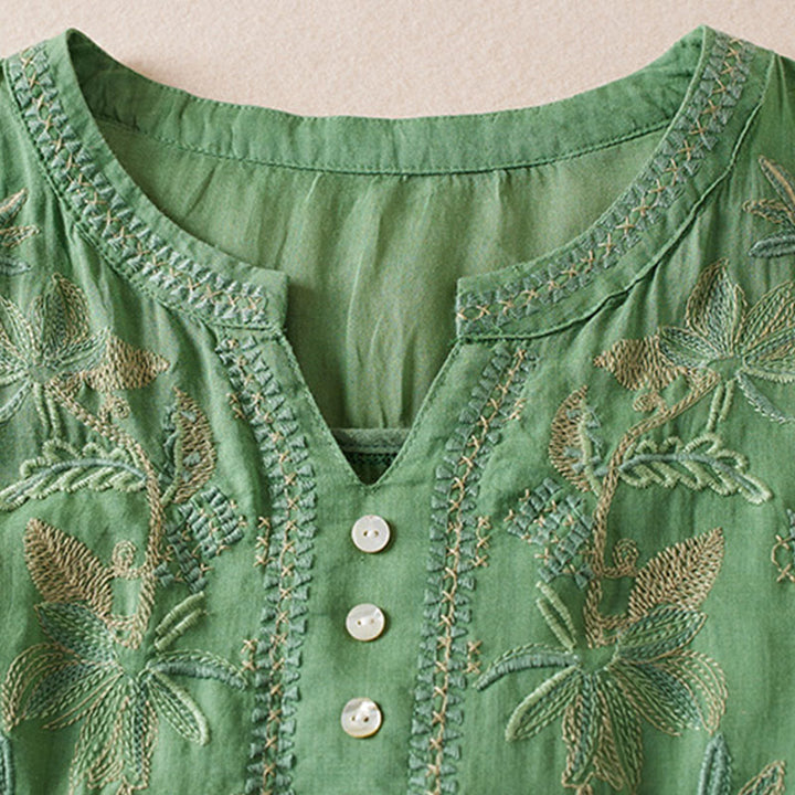 Buddha Stones Casual Stickerei Pflanzen Damen V-Ausschnitt Design Halbarm Baumwollmischhemd