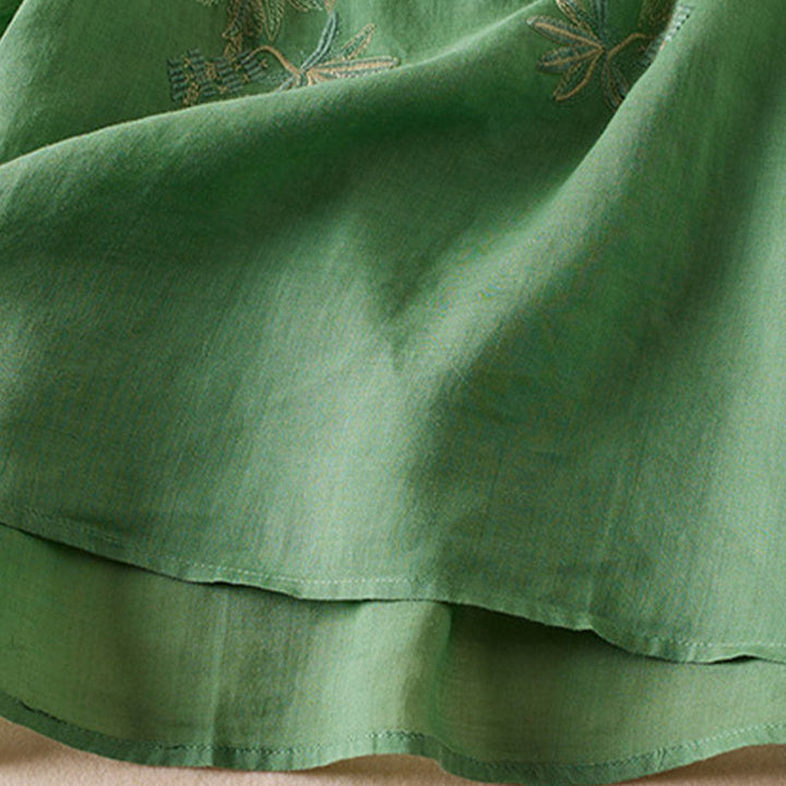 Buddha Stones Casual Stickerei Pflanzen Damen V-Ausschnitt Design Halbarm Baumwollmischhemd