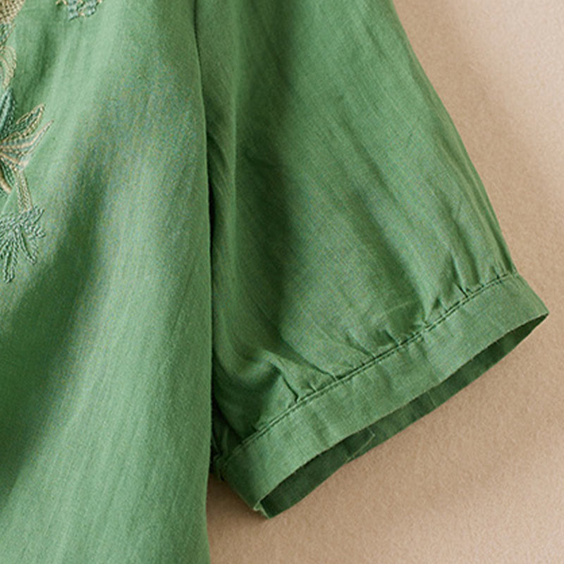 Buddha Stones Casual Stickerei Pflanzen Damen V-Ausschnitt Design Halbarm Baumwollmischhemd